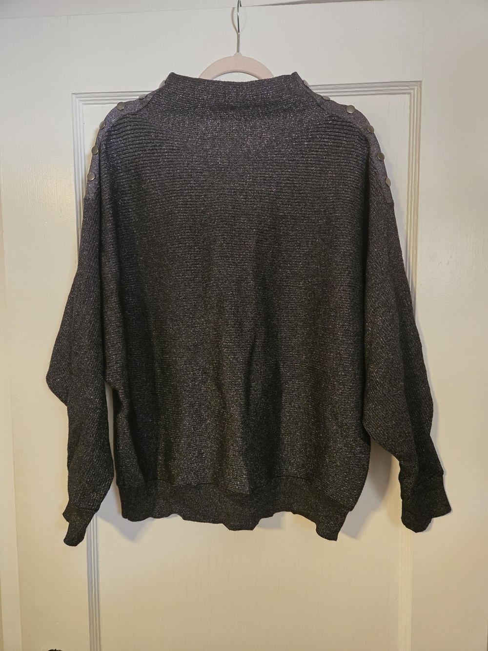 Tahari Dark Silver Button-Shoulder Crewneck Sweater